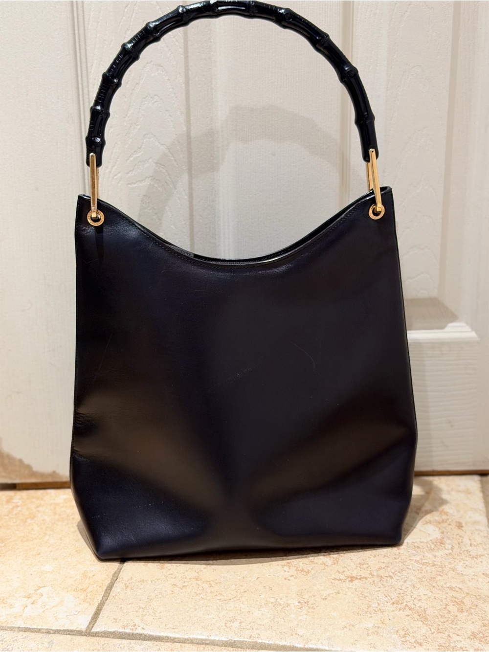 Vintage Gucci Bamboo Leather Tote Hobo Bag Black Gold Hardware EUC - Picture 5 of 13